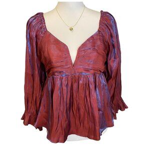 Entro Marsala Iridescent Babydoll Top Smocked Balloon Sleeve  Sz L NWT